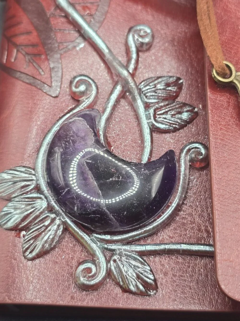 Brown Faux Leather Journal | Amethyst Crescent Moon & Labradorite Heart